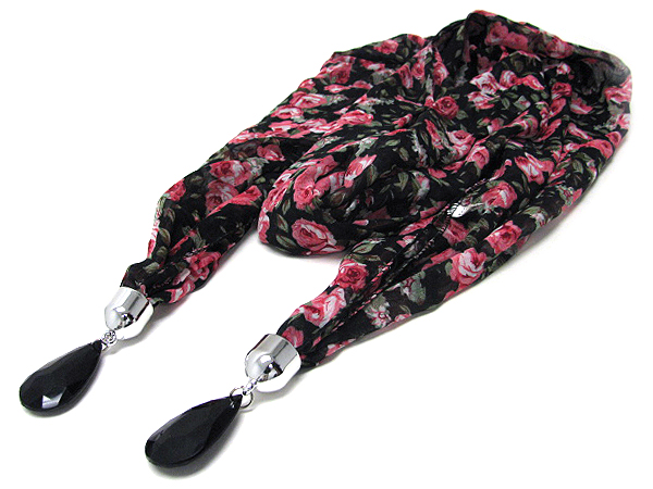 Rose print scarf and tear drop acrylic stone deco end - 100% polyester