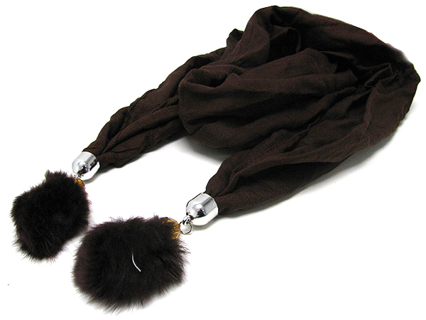 Deep brown color scarf and synthetic fur ball deco end - 100% polyester