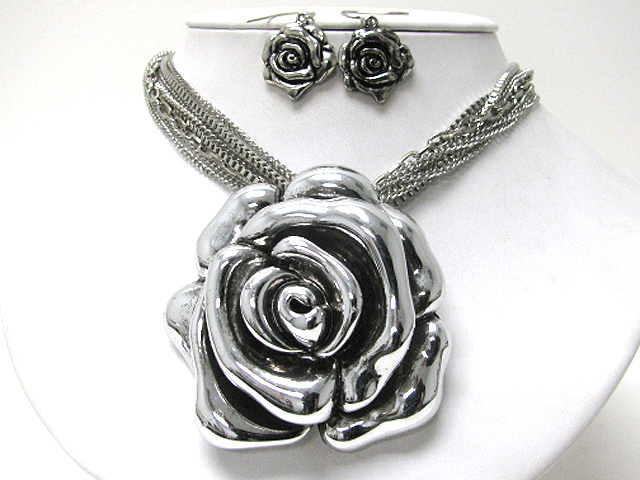 3x3 inch extra large metal flower pendant multi strand metal chain necklace earring set