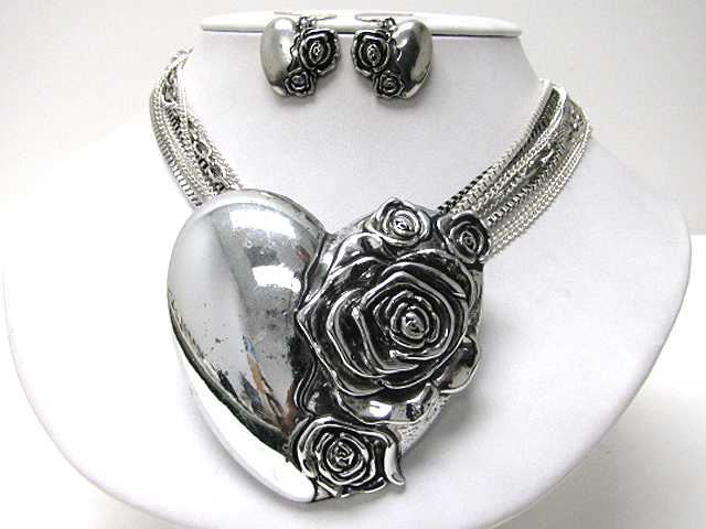 3x3 inch extra large metal flower heart pendant multi strand metal chain necklace earring set