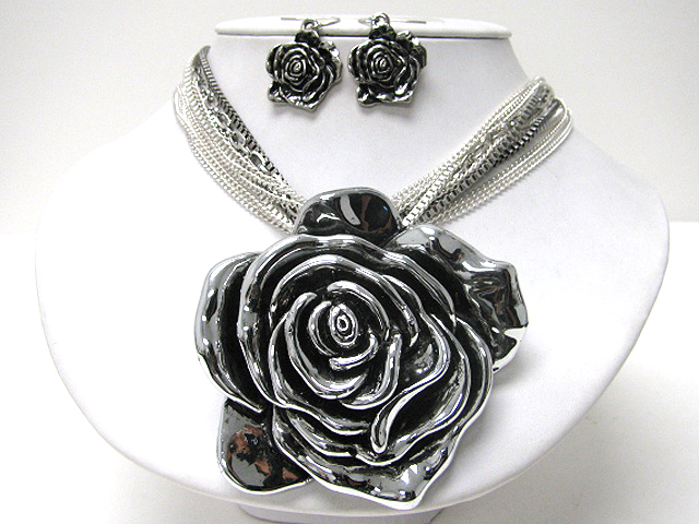 4x4 inch extra large metal flower pendant multi strand metal chain necklace earring set