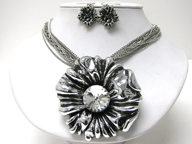 3x3 inch extra large metal flower pendant multi strand metal chain necklace earring set