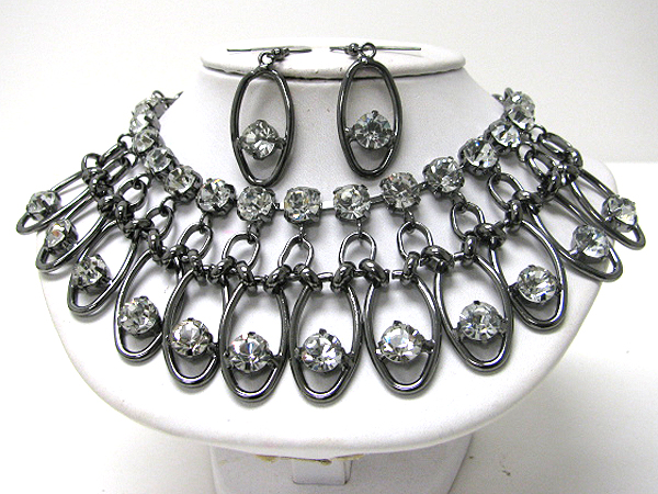 Multi crystal and metal chain link bib style necklace earring set