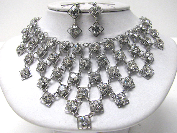 Multi crystal link and drop bib necklace earring set