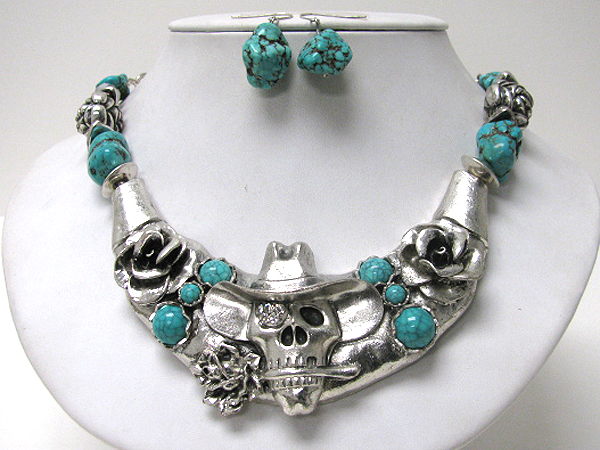 Crystal and turquoise deco skull and rose half chocker necklace earring set