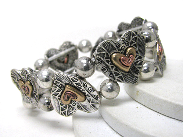 Multi textured heart link stretch bracelet