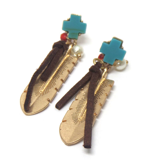 Worn gold feather turquoise stone cross earrings