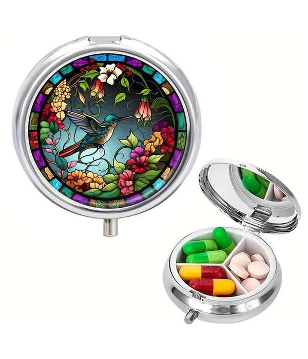 Stained glass metal pill box - humming bird