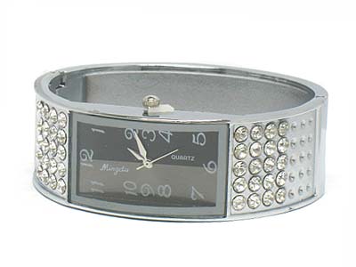 Crystal deco metal rectangle two tone color face hinge watch