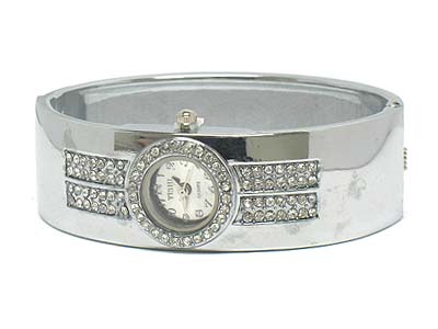 Crystal deco small round face metal hinge watch