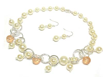 Multi pearl ball beads link necklace and earring set 