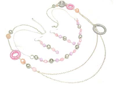 Multi strand round ring link and beads deco necklace and earring set 