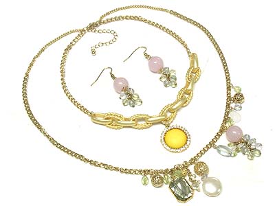 Crystal side deco round charm and multi beads deco double strand necklace and earring set 