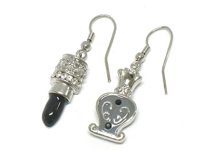 Crystal and enamel lipstick and perfume bottle unbalance earring