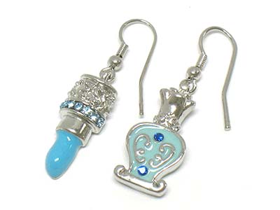 Crystal and enamel lipstick and perfume bottle unbalance earring