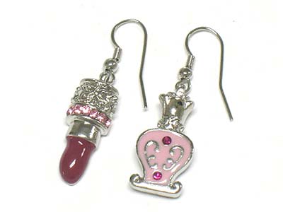 Crystal and enamel lipstick and perfume bottle unbalance earring