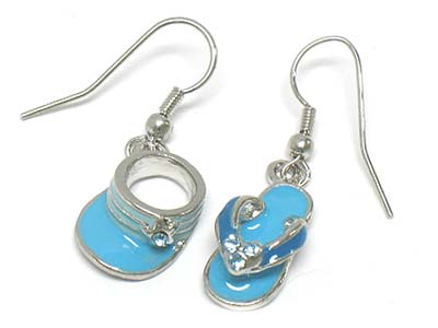 Enamel and crystal flip flop and sun visor unbalanced earring