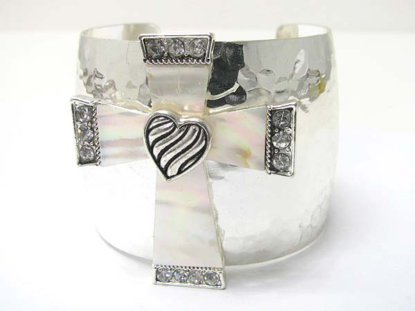 Mother of pearl and crystal deco cross top metal cuff bangle