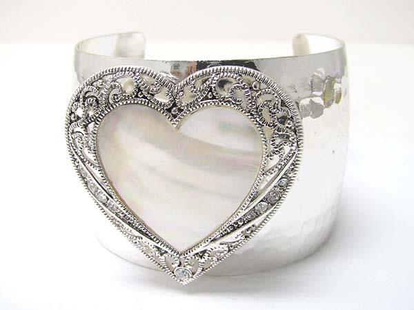 Mother of pearl and metal filigree heart top metal cuff bangle