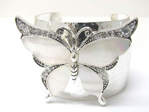 Mother of pearl and crystal deco butterfly top metal cuff bangle