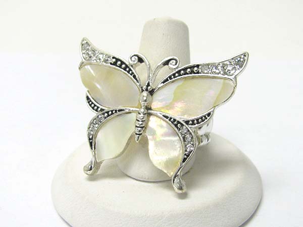 Mother of pearl and crystal deco butterfly stretch ring