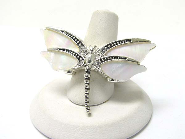 Mother of pearl and crystal deco dragonfly stretch ring