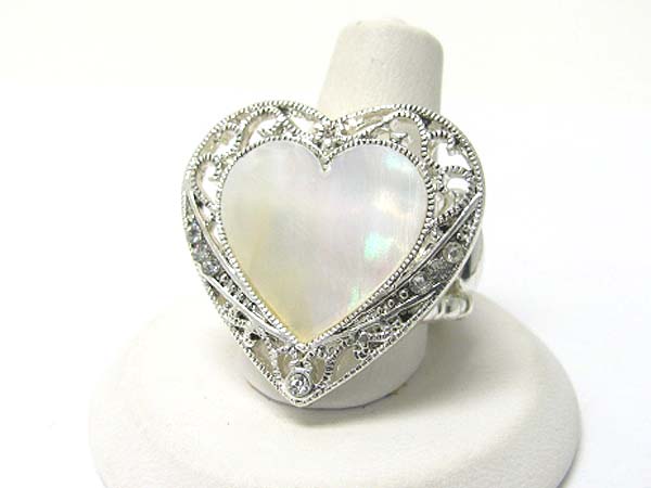 Mother of pearl and metal filigree heart stretch ring