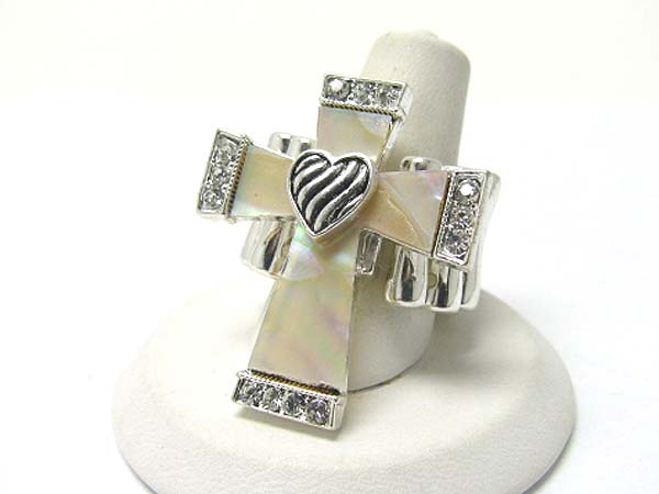 Mother of pearl and crystal deco cross stretch ring