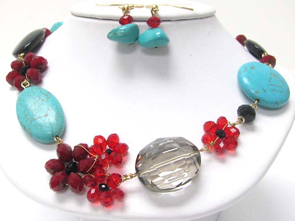 Turquoise stone and facet glass stone flower necklace earring set