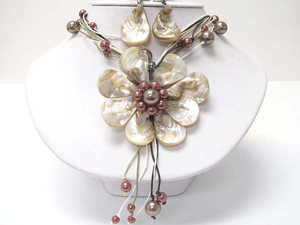 Sea shell flower pendant perl beads dangle necklace earring set