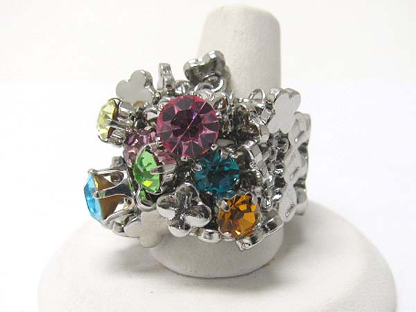 Crystal and metal flower cluster stretch ring