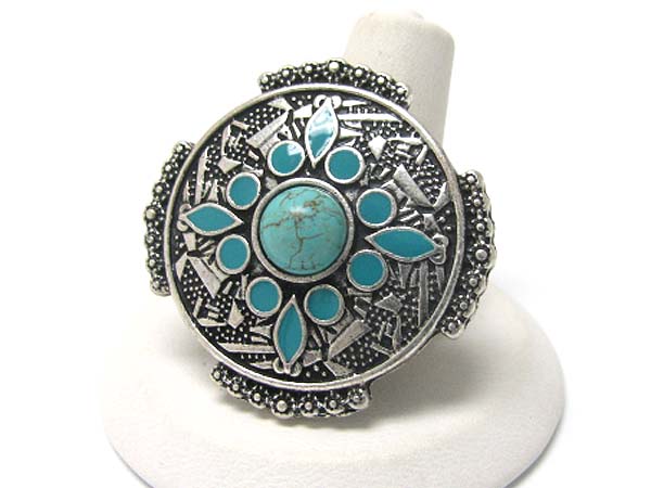 Natural stone and enamel filigree round metal stretch ring