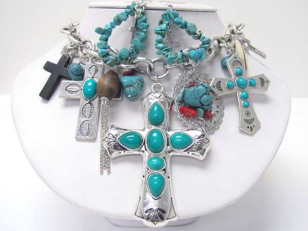 Natural stone deco multi cross charm dangle necklace earrign set