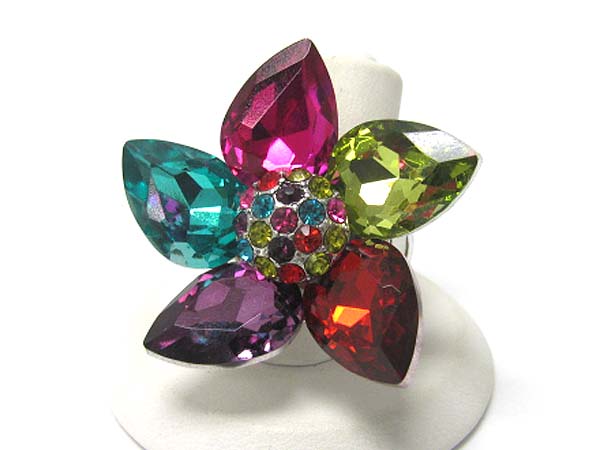 Multi crystal deco flower stretch ring