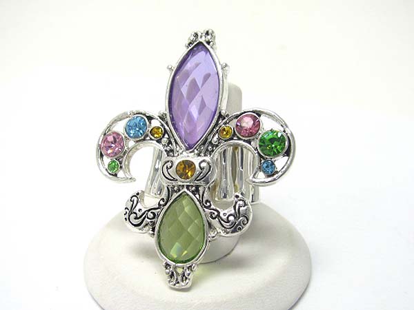 Crystal and acryl stone fleur de lis stretch ring