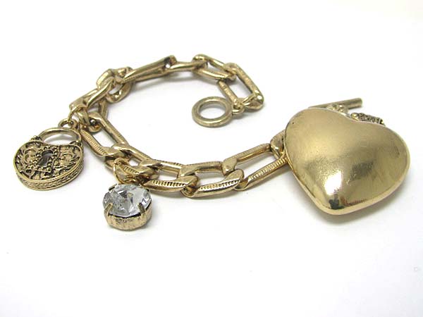 Crystal and sole burnish metal heart charm dangle bracelet