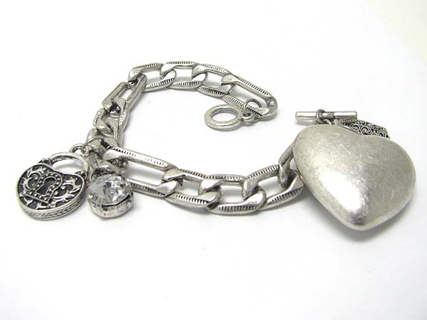 Crystal and sole burnish metal heart charm dangle bracelet