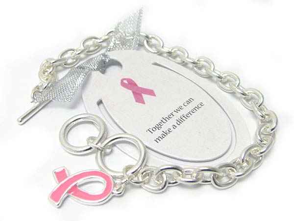 Pink ribbon charm dangle toggle bracelet - breast cancer awareness