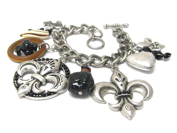 Natural stone and fleur de lis charm dangle bracelet