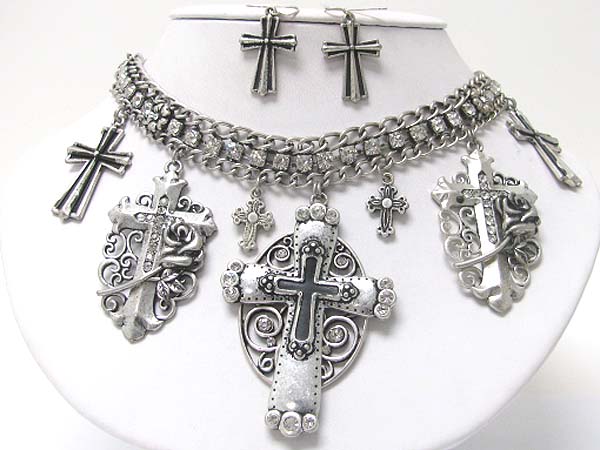 Crystal stud multi cross charm dangle crystal and metal line neckalce earring set