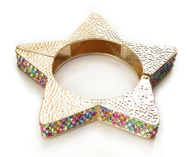 Multi crystal and metal hammered star on side fashion designer style hinge bangle