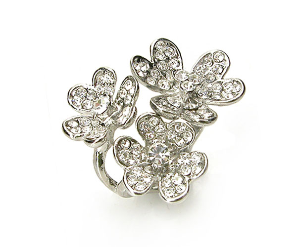 Three flower crystal pave ring