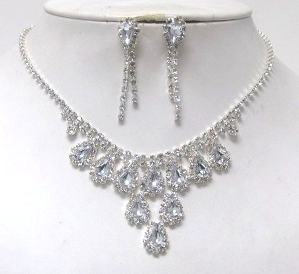 Multi rhinestone with tear drops crystal glass party necklace earring set