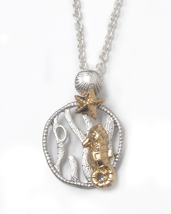 Two tone metal sealife theme necklace - seahorse