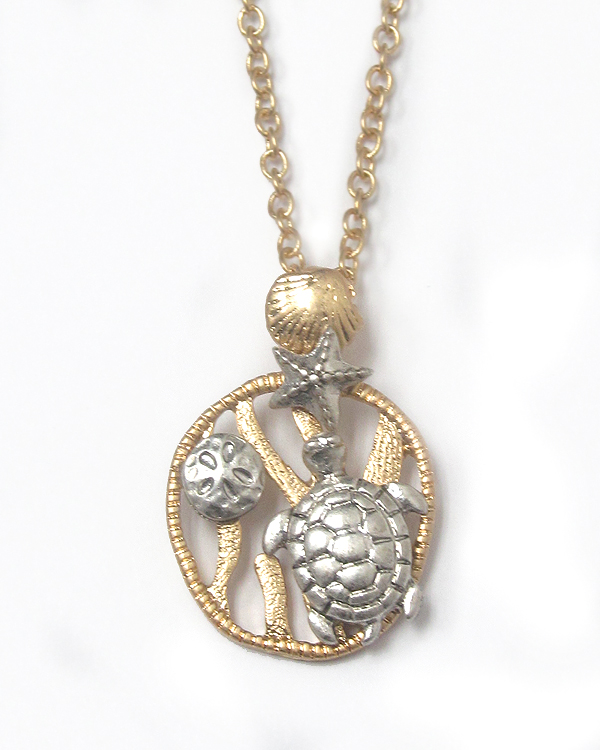 Two tone metal sealife theme necklace - turtle