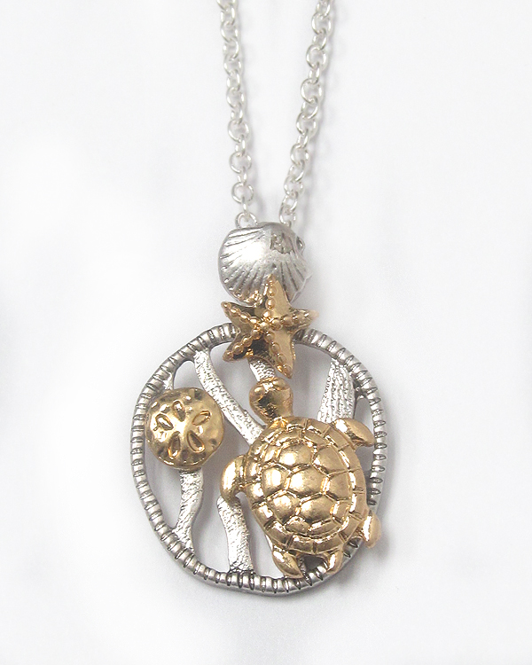 Two tone metal sealife theme necklace - turtle