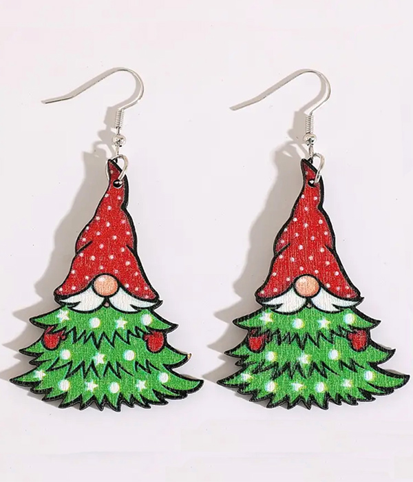 Christmas theme wood earring - santa and tree