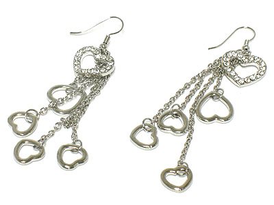 Crystal heart and shiny metal heart drop earring