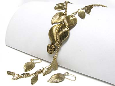 Metal leaves charm dangle necklace earring set