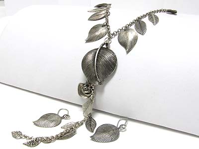 Metal leaves charm dangle necklace earring set